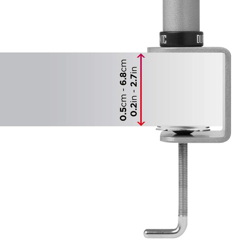 Duronic Monitor Arm Single Silver showing adjustable desk thickness capacity from 0.5cm to 6.8cm for monitor mounts.