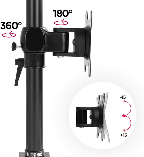Duronic Monitor Arm Single featuring 360-degree rotation, 180-degree swivel, and 15-degree tilt capability.