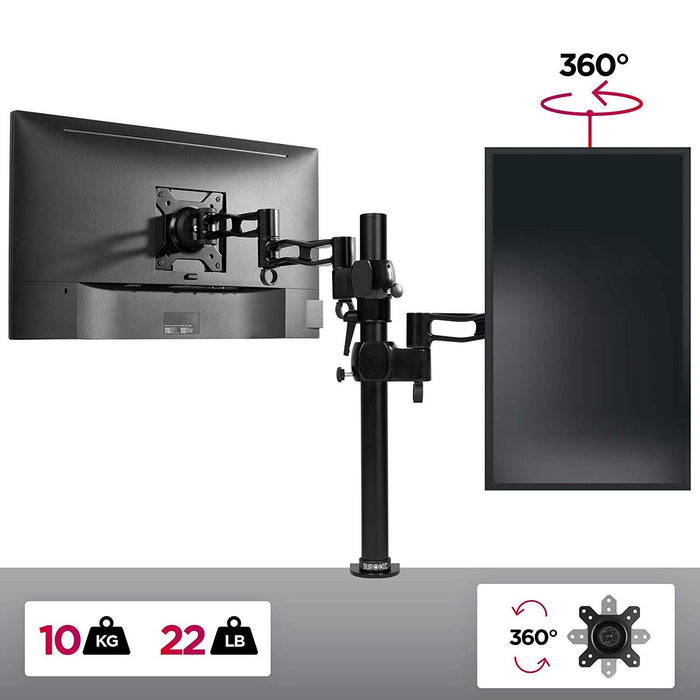 Duronic Monitor Arm Single featuring 360-degree rotation and a 10kg weight capacity.
