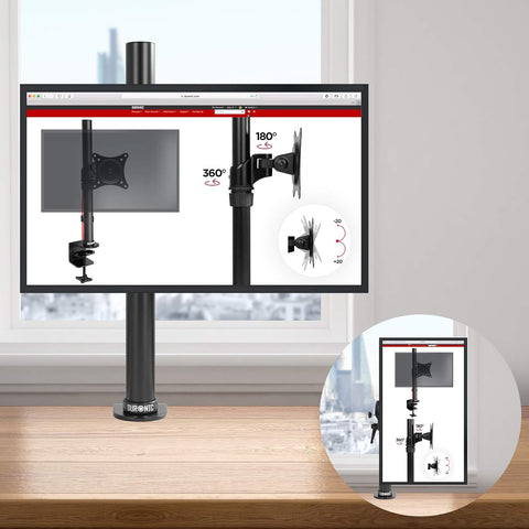 Duronic Monitor Arm Single mount stand with tilt, swivel, and full rotation product features.