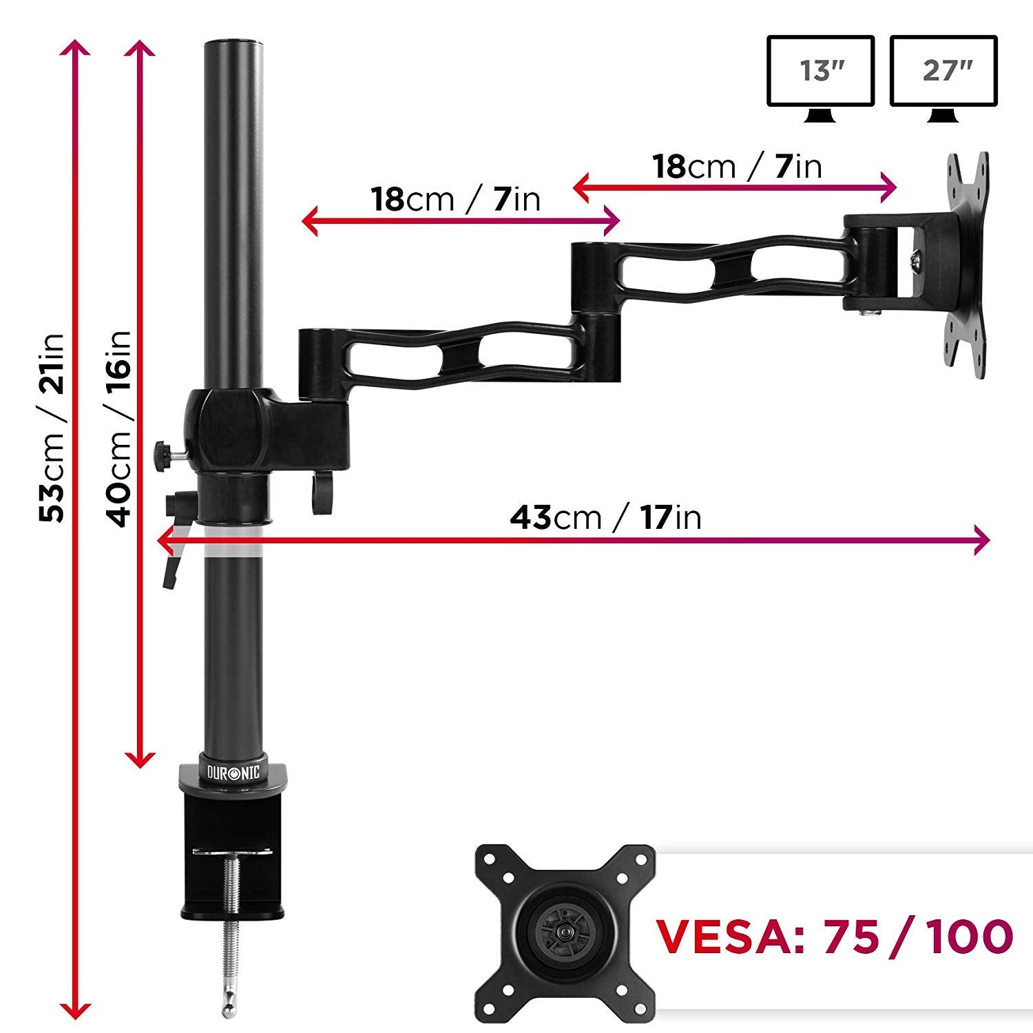 Duronic Monitor Arm Single showing VESA compatibility, dimensions, and screen size limits.