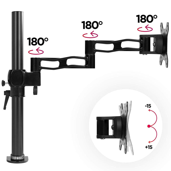 Duronic Monitor Arm Single showing three 180-degree swivel joints and vertical tilt range.