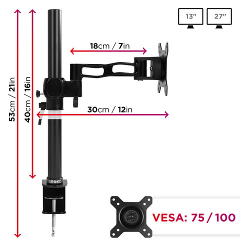 Duronic Monitor Arm Single with dimensions, VESA compatibility, and screen size specifications.
