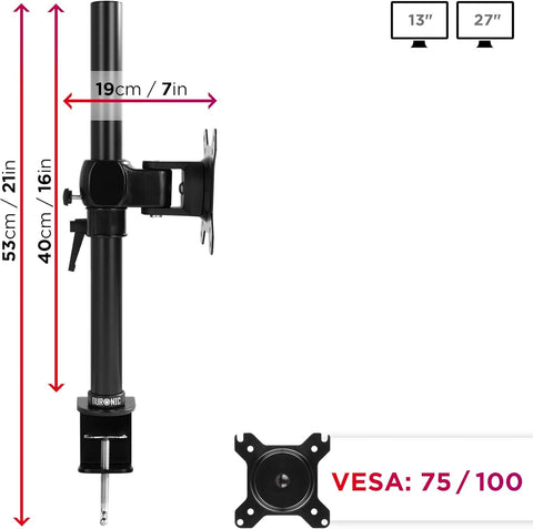 Duronic Monitor Arm Single with dimensions and VESA specifications for 13 to 27 inches.