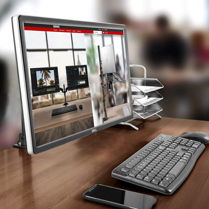 Duronic Monitor Arm Stand displaying product options, next to a keyboard and mouse.