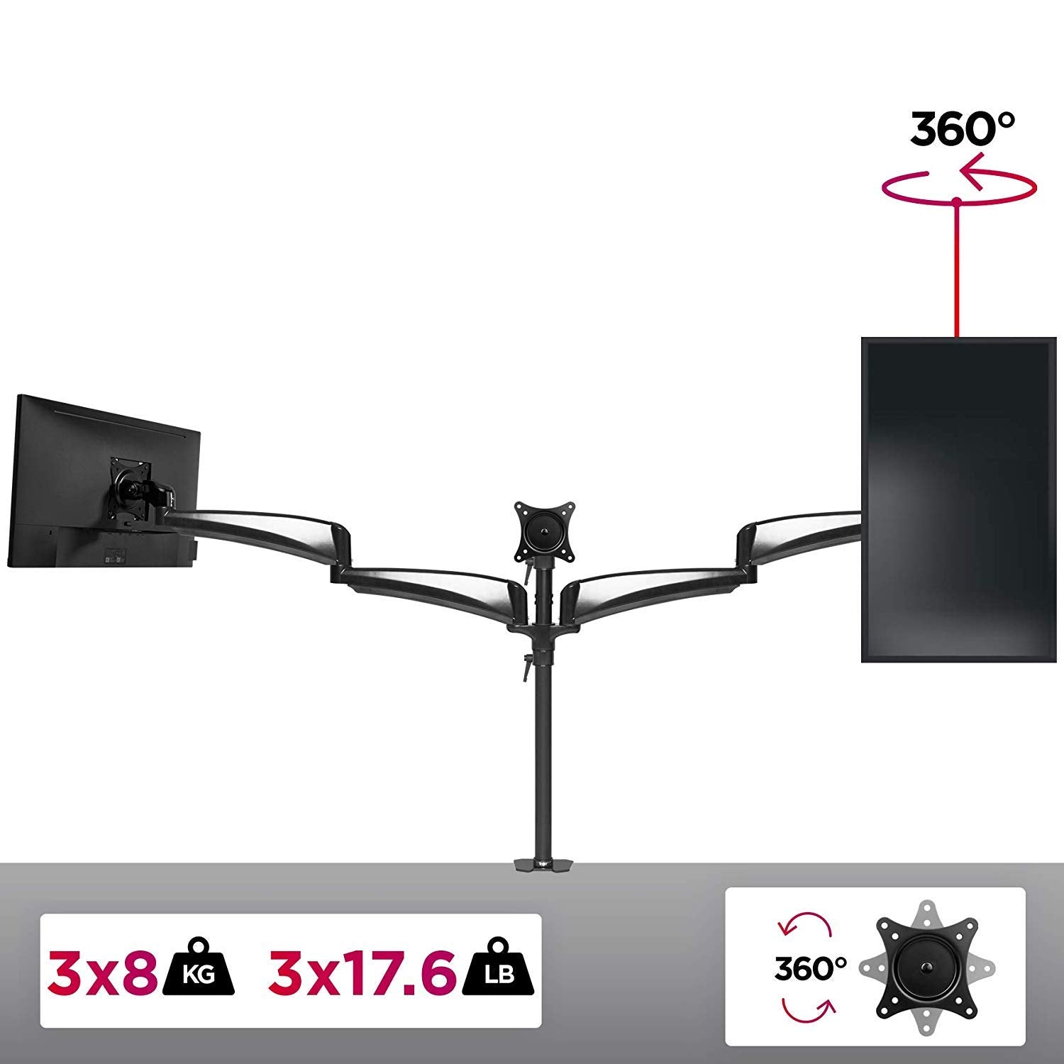 Duronic Monitor Arm Stand featuring 360-degree rotation and 17.6 lbs weight capacity.