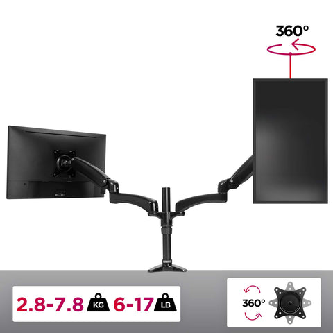 Duronic Monitor Arm Stand holding a landscape and a 360-degree rotating portrait screen.