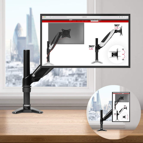 Duronic Monitor Arm Stand holding a screen, displaying 360-degree rotation features in a home office.