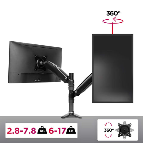 Duronic Monitor Arm Stand holding one landscape and one portrait screen with 360-degree rotation.