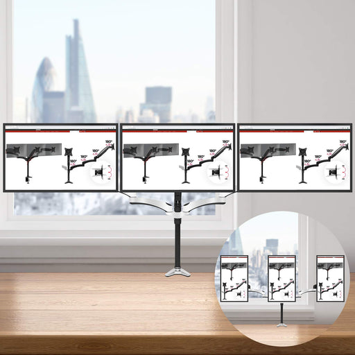 Duronic Monitor Arm Stand holding three screens horizontally, with an inset showing vertical portrait orientation.