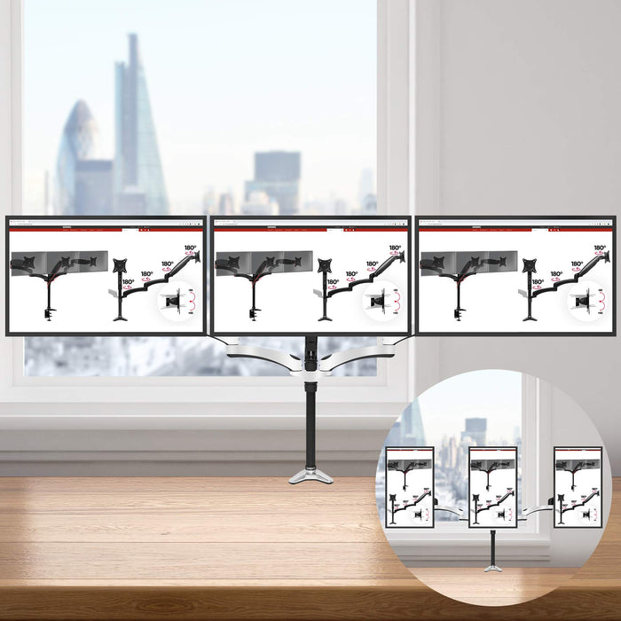 Duronic Monitor Arm Stand holding three screens in landscape view with portrait orientation inset.