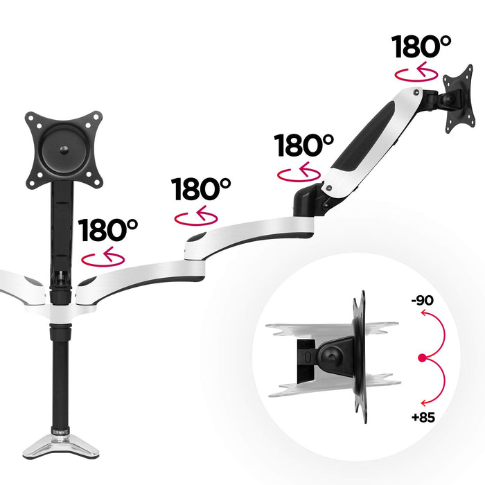 Duronic Monitor Arm Stand holding two screens, illustrating 360-degree rotation and weight capacity.