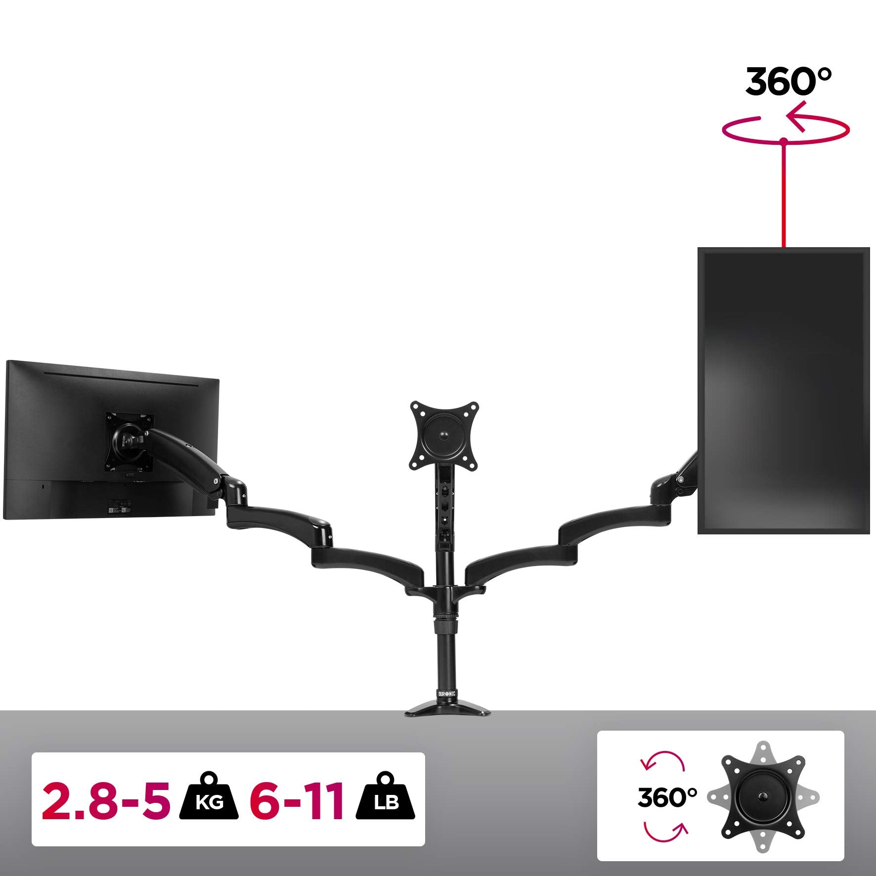 Duronic Monitor Arm Stand holding two screens, showing 360-degree rotation and weight capacity specifications.