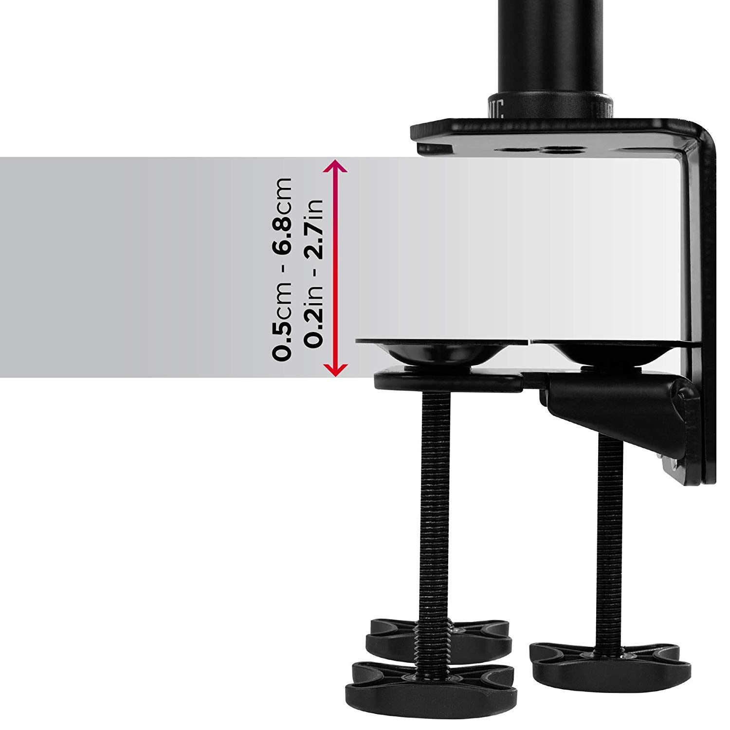 Duronic Monitor Arm Stand measuring minimum 0.5cm (0.2in) to maximum 6.8cm (2.7in) desk thickness.