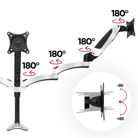 Duronic Monitor Arm Stand showcasing multiple 180-degree swivel joints and a tilting VESA plate.