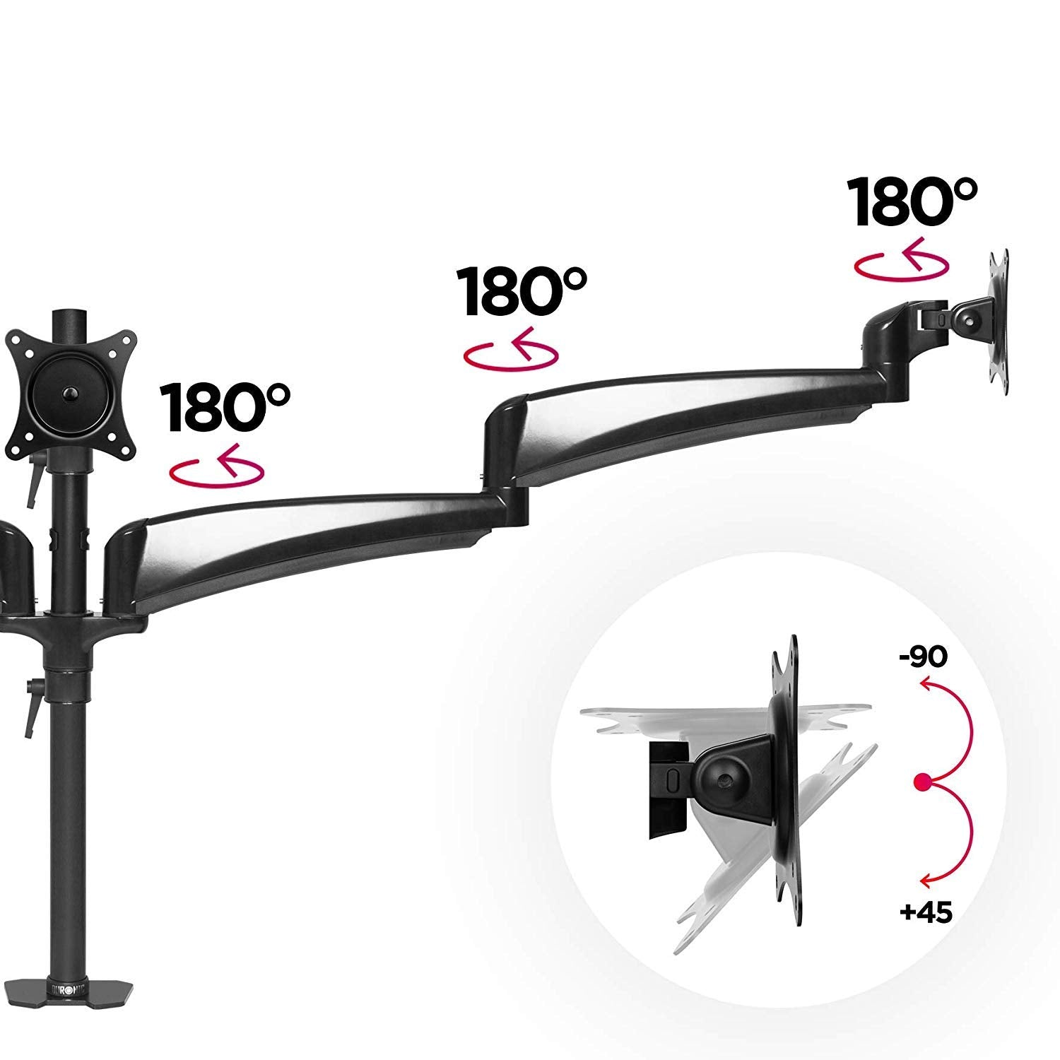 Duronic Monitor Arm Stand showing 180-degree swivel joints and a 135-degree tilting VESA plate.