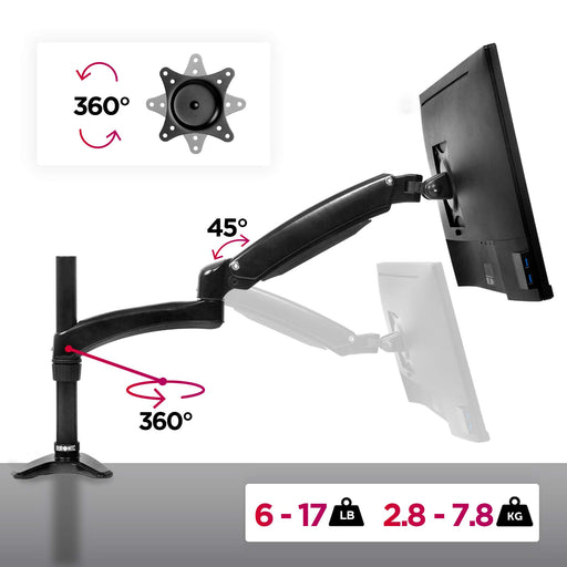 Duronic Monitor Arm Stand showing 360 degree rotation and full weight capacity specifications.