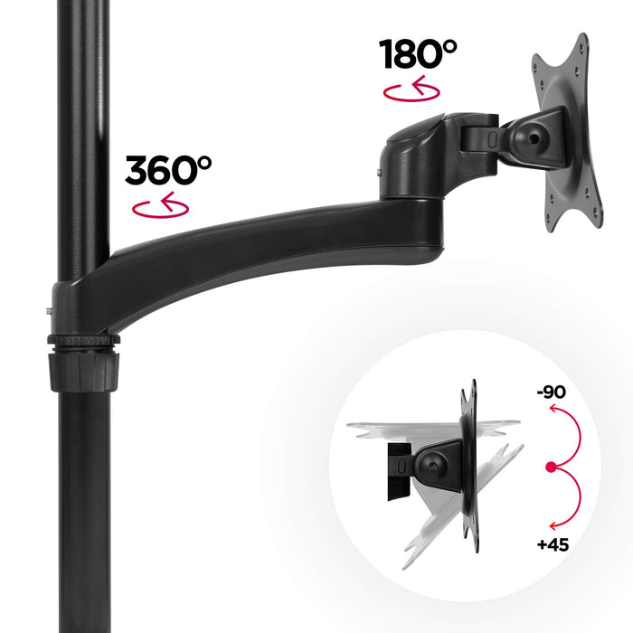 Duronic Monitor Arm Stand showing 360 swivel, 180 rotation, and vertical tilt angles.