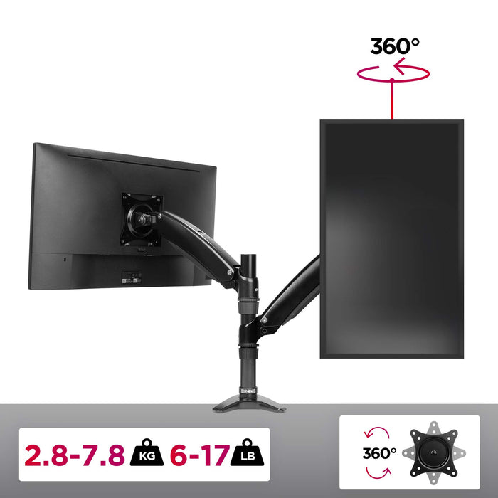 Duronic Monitor Arm Stand showing a landscape monitor and a 360-degree rotating portrait monitor.