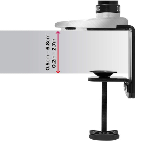 Duronic Monitor Arm Stand showing a maximum and minimum thickness capacity of 0.5cm-6.8cm.