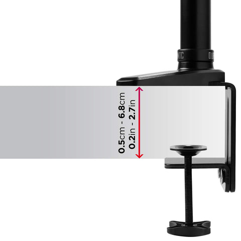 Duronic Monitor Arm Stand showing an adjustable desk thickness range of 0.5cm to 6.8cm.