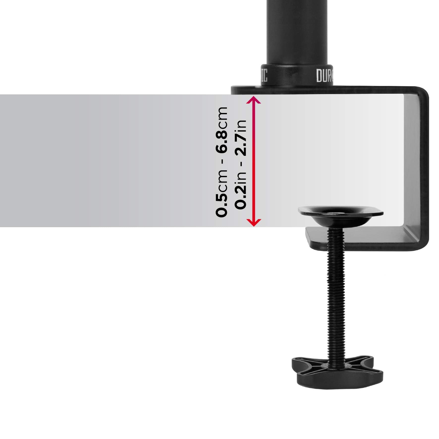 Duronic Monitor Arm Stand showing an adjustable thickness range from 0.5cm to 6.8cm (0.2in to 2.7in).