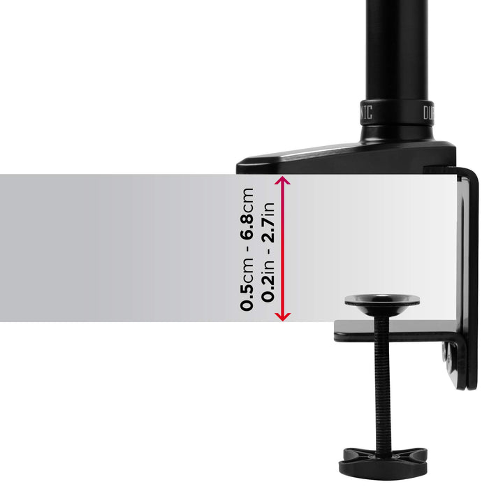 Duronic Monitor Arm Stand showing an adjustable thickness range of 0.5cm to 6.8cm.