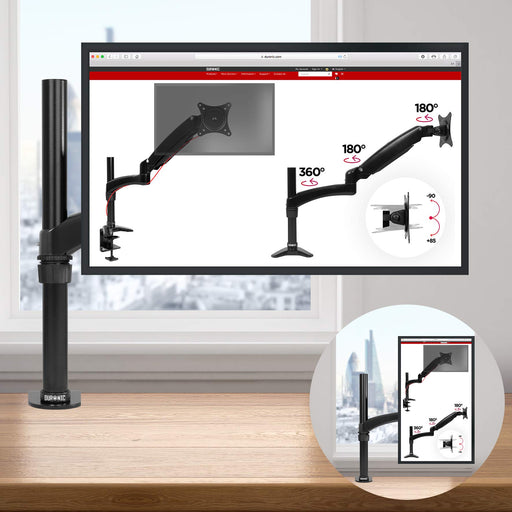 Duronic Monitor Arm Stand showing different rotation angles on the screen display.