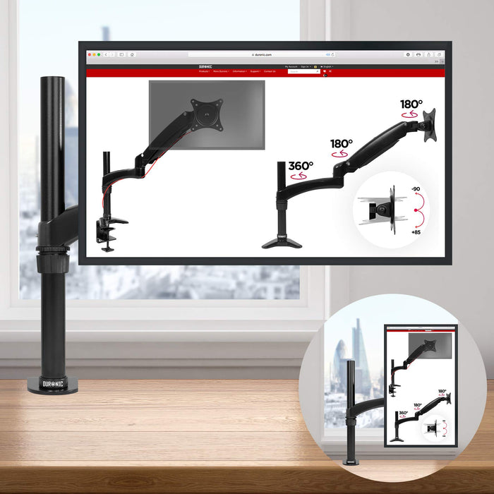 Duronic Monitor Arm Stand showing different rotation angles on the screen display.