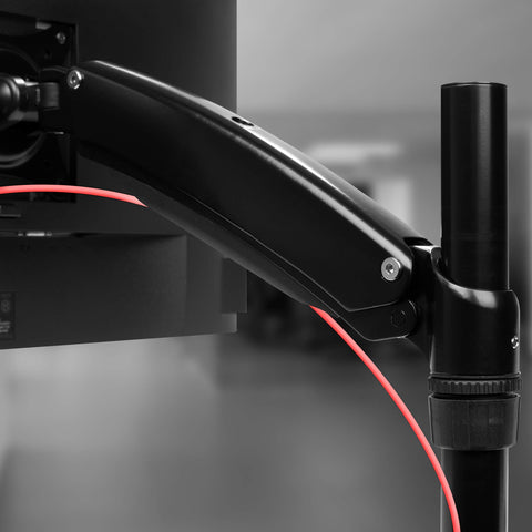 Duronic Monitor Arm Stand showing integrated red cable management routing.