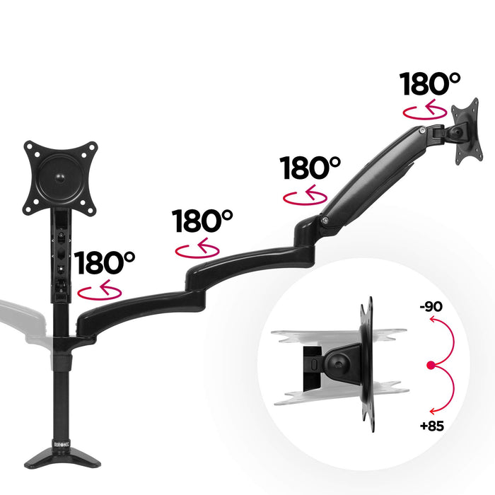 Duronic Monitor Arm Stand showing multiple rotation joints and screen tilt angles