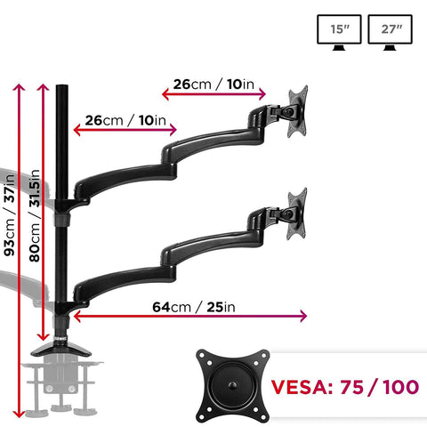 Duronic Monitor Arm Stand showing pole heights, arm extension lengths, and VESA mount compatibility.