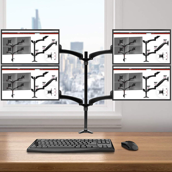 Duronic Monitor Arm Stand showing product specifications above a keyboard and mouse.