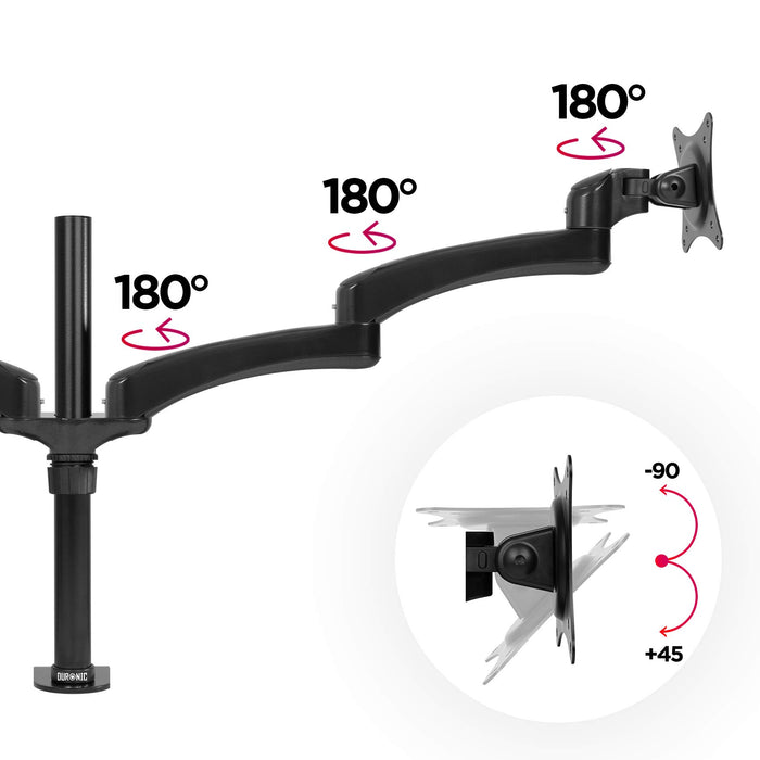 Duronic Monitor Arm Stand showing three 180-degree swivel joints and a -90/+45-degree tilt mechanism.