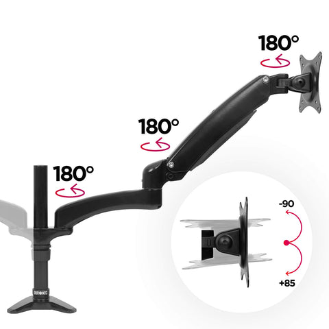 Duronic Monitor Arm Stand with 180-degree swivels and a tilt mechanism diagram.