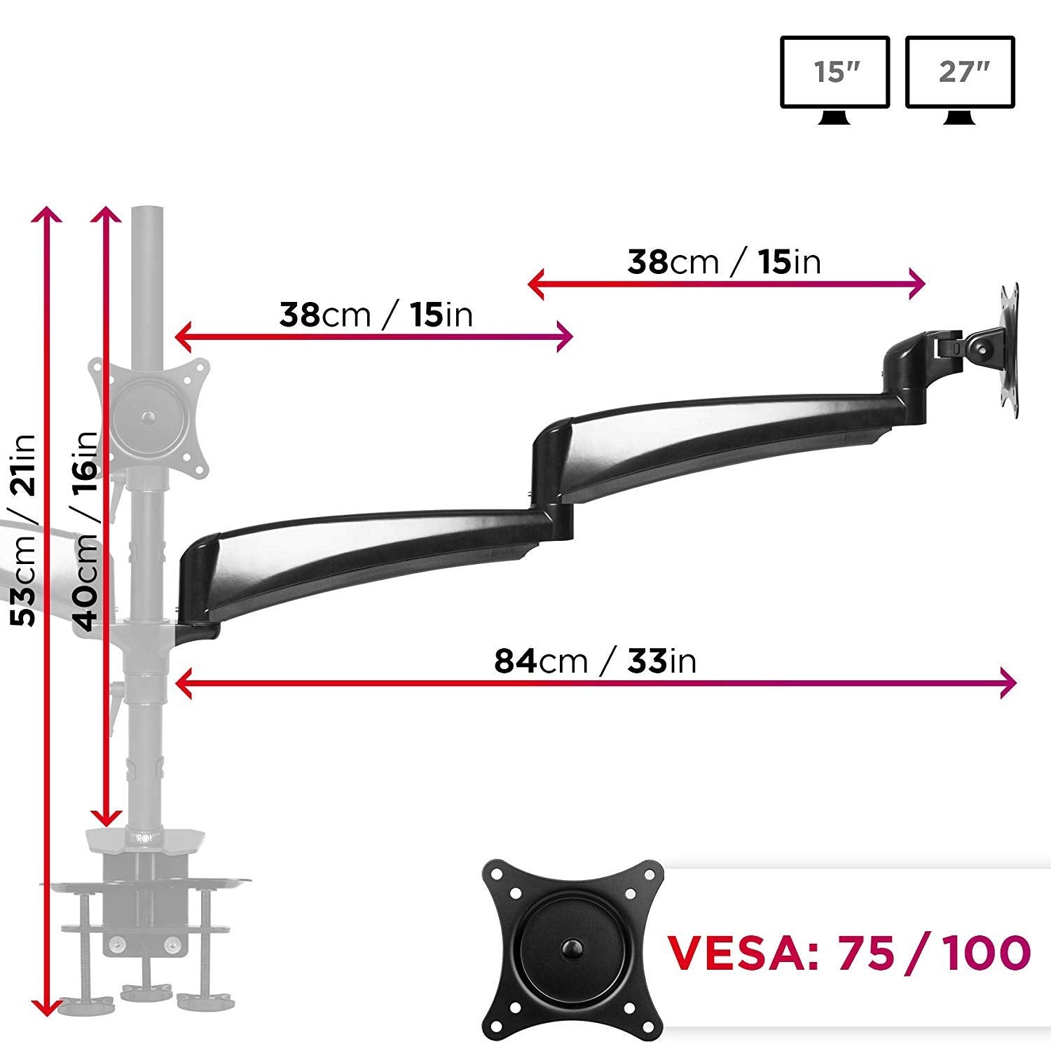 Duronic Monitor Arm Stand with Dimension diagram for an adjustable single monitor mount desk arm showing reach and VESA compatibility