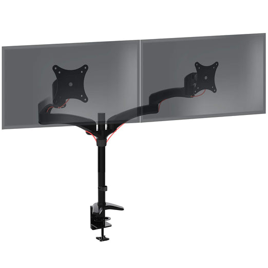 Duronic Monitor Arm Stand with adjustable articulated arms holding two translucent screens on a clamp.