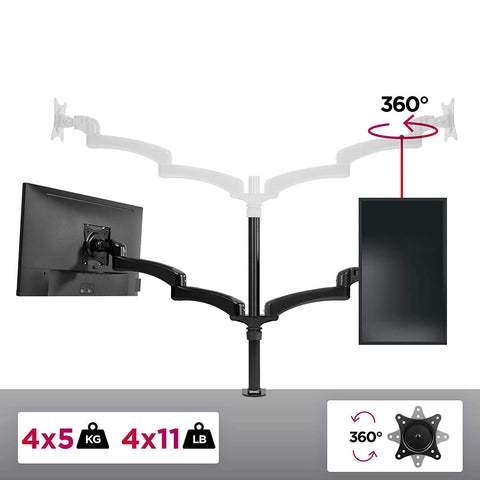 Duronic Monitor Arm Stand with adjustable articulating arms supporting vertical, horizontal, and 360-degree screen rotation.