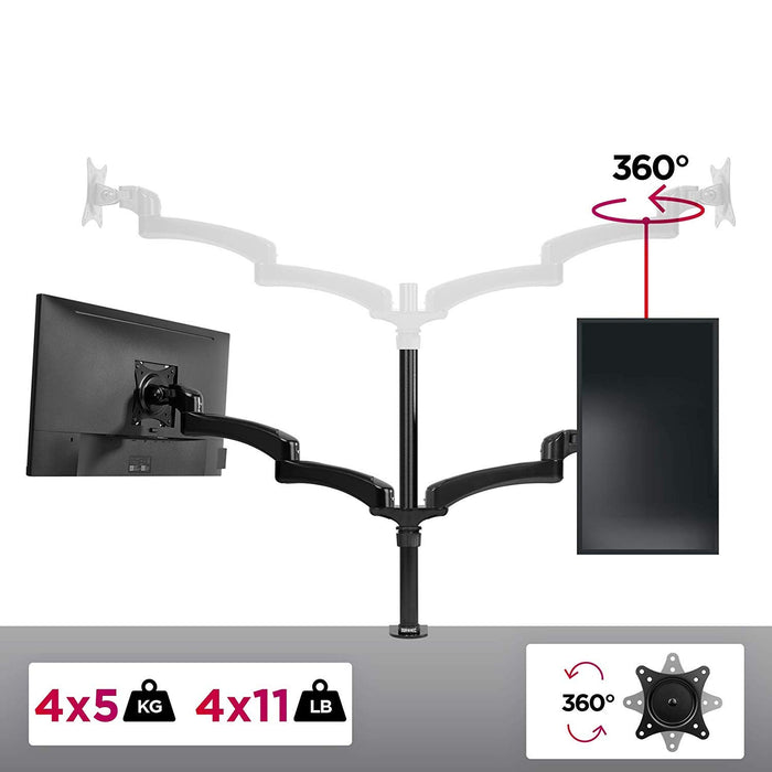Duronic Monitor Arm Stand with adjustable articulating arms supporting vertical, horizontal, and 360-degree screen rotation.