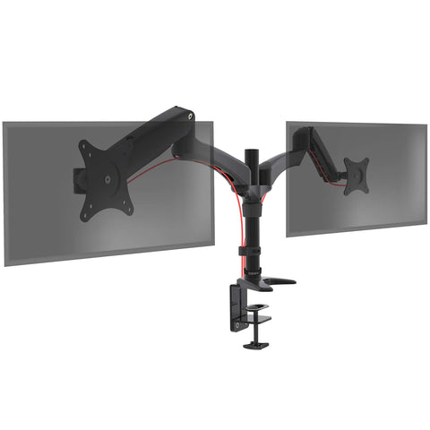 Duronic Monitor Arm Stand with adjustable gas spring desktop clamp holding two gray screens.