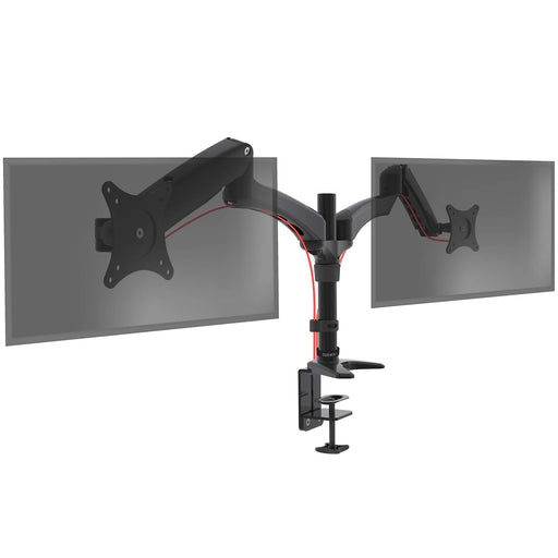 Duronic Monitor Arm Stand with adjustable gas spring desktop clamp holding two gray screens.