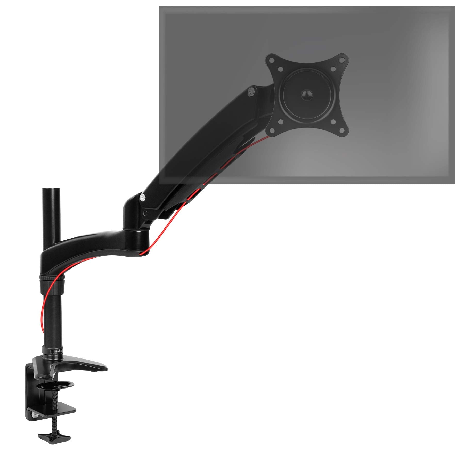 Duronic Monitor Arm Stand with desk clamp, holding a translucent monitor display. 
