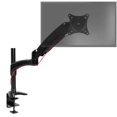Duronic Monitor Arm Stand with desk clamp, holding a translucent monitor display. 
