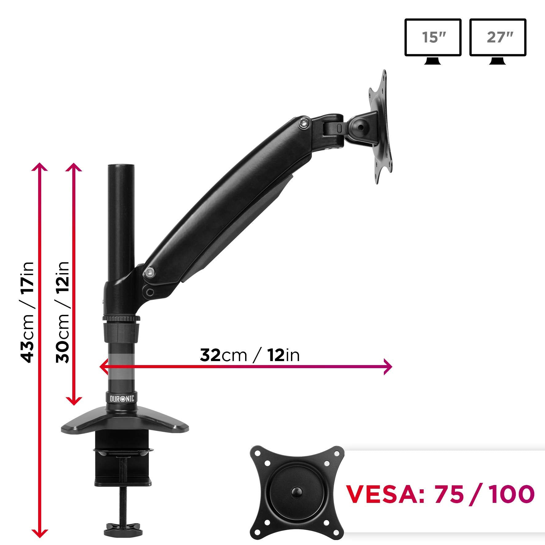 Duronic Monitor Arm Stand with dimensions, VESA compatibility, and screen size specifications.