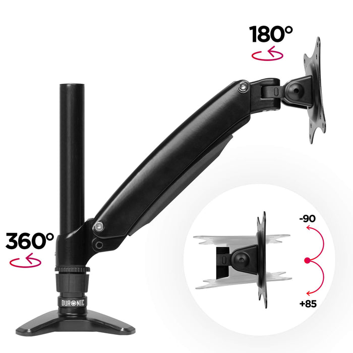 Duronic Monitor Arm Stand with gas spring, 360-degree rotation, and tilt capabilities.