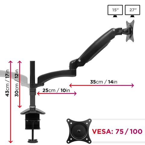 Duronic Monitor Arm Stand with measurements, VESA compatibility, and screen size specs.