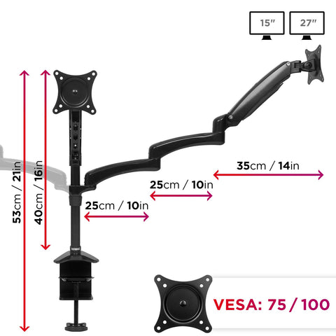 Duronic Monitor Arm Stand with measurements, VESA compatibility, and screen sizes 15 to 27 inches.
