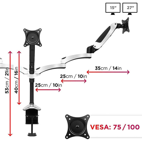 Duronic Monitor Arm Stand with measurements, VESA compatibility, and supported screen sizes illustration.