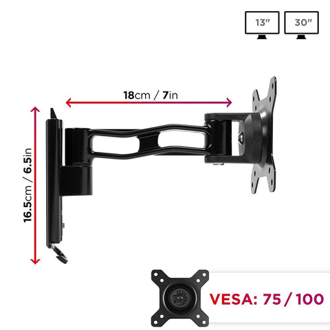 Duronic Monitor Arm Wall Mount bracket with VESA 75/100 compatibility measurements.