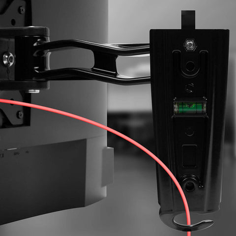 Duronic Monitor Arm Wall Mount featuring a built-in bubble level and cable management hook.
